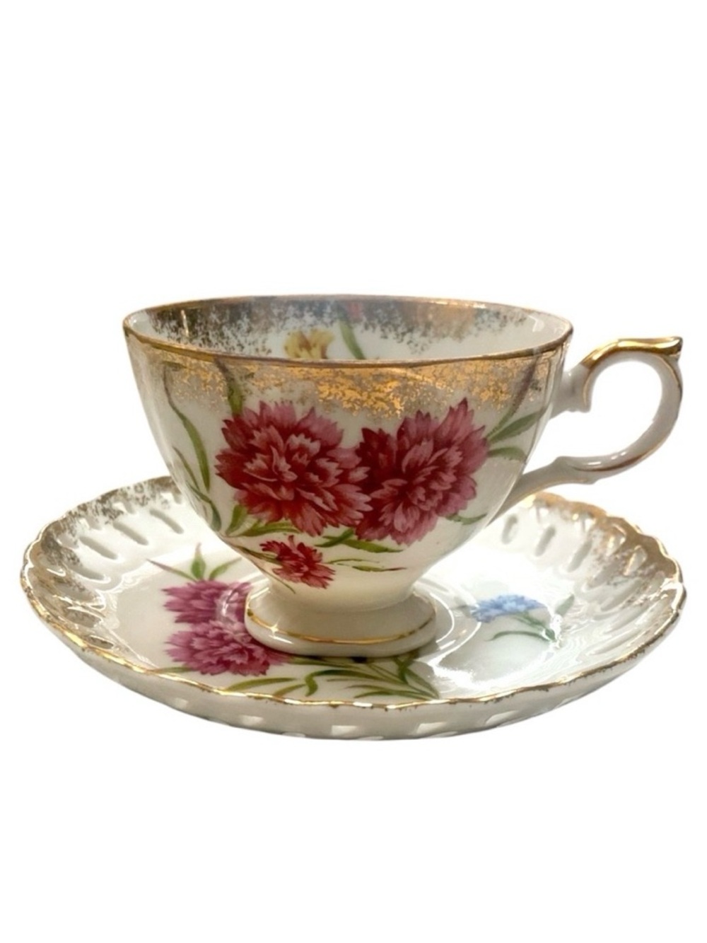 Vintage‎ Celebrate Registered Gold Trim Carnations Footed Tea Cup & Saucer Japan